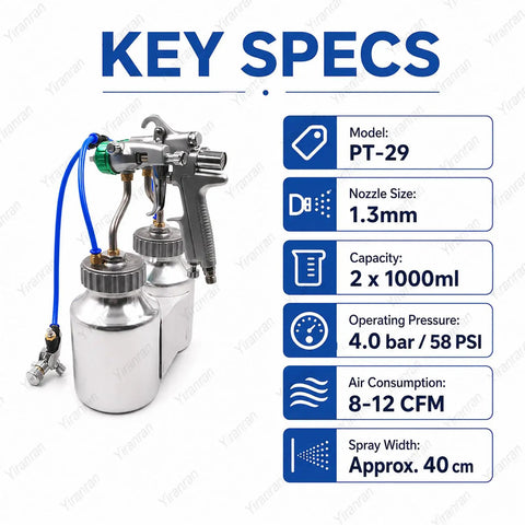 Zero Hassle Dual Nozzle Paint Sprayer With 1.3Mm Chrome Nozzle, Pressure Feed Design Loaded With Two Capacious Jugs, Delivers Smooth As Glass Finishes On Auto Panels And Woodwork Every Time.
