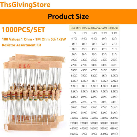Beast 1000 Piece Carbon Film Resistors Kit With 100 Distinct Values From 1 Ohm To 1 Mega Ohm 5 Percent Tolerance Half Watt Perfect For DIY Projects And Experiments on display with labeled resistors and specifications chart.