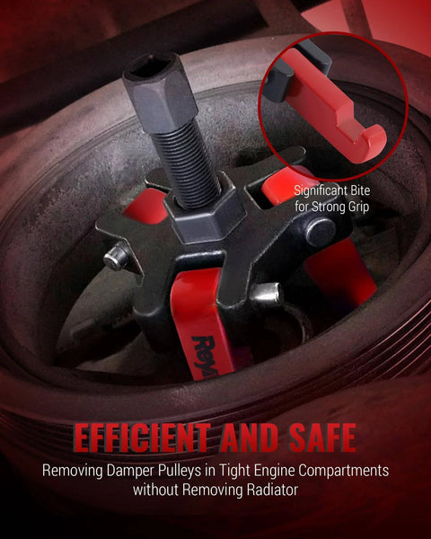 Harmonic Balancer Puller Kit in use, showing adjustable three jaw puller gripping a pulley, focus on tight fit and strong grip feature.