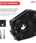 Badass Mini Fit Jr Connector Kit With Quick Crimping Tool And Pin Extractor For Smooth 18 To 24 Awg Wiring Runs That Deliver Hella Clean Power Connections Always - close-up of crimping tool with terminals.