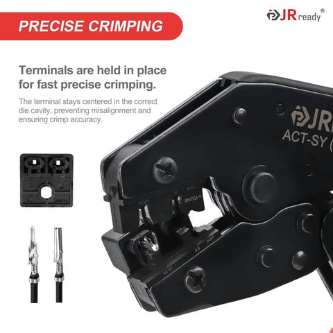Badass Mini Fit Jr Connector Kit With Quick Crimping Tool And Pin Extractor For Smooth 18 To 24 Awg Wiring Runs That Deliver Hella Clean Power Connections Always - close-up of crimping tool with terminals.