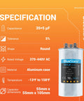 Beefy Dual Run 35/5 MFD AC Capacitor 370-440V For Fans, Motors, And Heat Pumps, Round Aluminum, Specs Shown