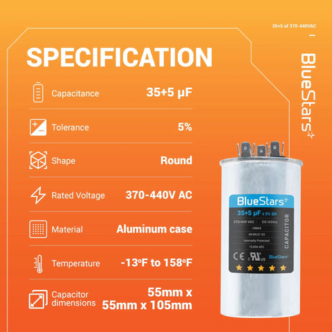 Beefy Dual Run 35/5 MFD AC Capacitor 370-440V For Fans, Motors, And Heat Pumps, Round Aluminum, Specs Shown
