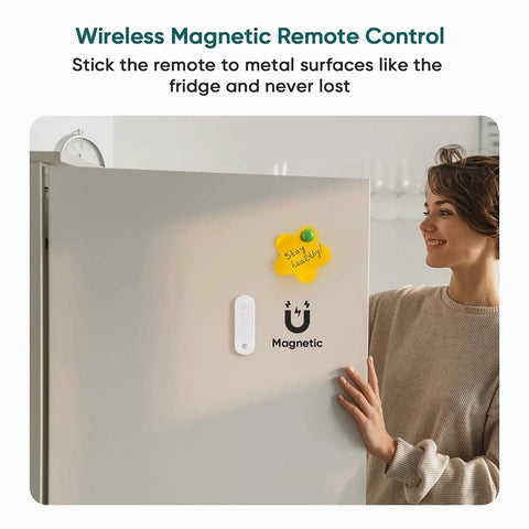 Hassle Free Wireless Dimmer Switch With Magnetic Remote Single Pole Light Control mounted on a fridge with a note.