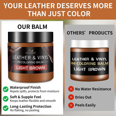 Heavy Hitter Leather Revival Balm And Scratch Fix Kit Vibrant Tone Match Cream for Couches shown with light brown recoloring features.