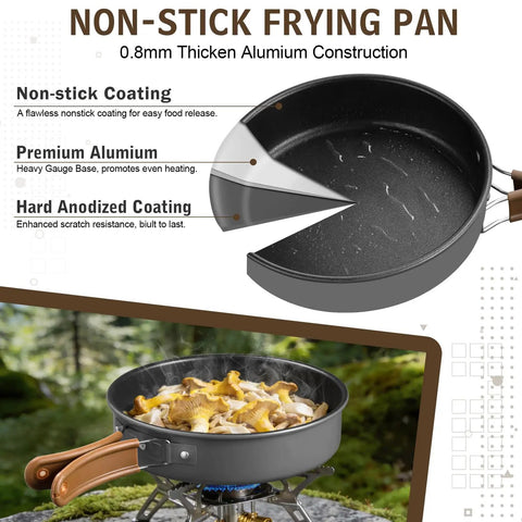 18-Piece Camping Cookware Set With Utensils Camp Mess Kit Dope Hard Anodized Aluminum Frying Pan showing coating layers