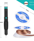 Desoldering Wick And Vacuum Pump Kit with solder sucker and two 2.5mm by 1.5m solder braids, showing tool dimensions.