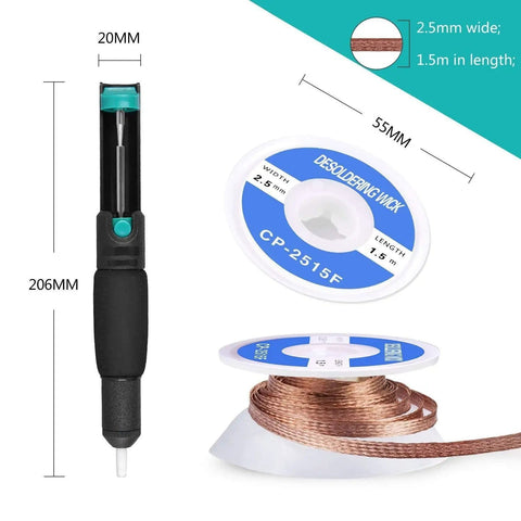Desoldering Wick And Vacuum Pump Kit with solder sucker and two 2.5mm by 1.5m solder braids, showing tool dimensions.