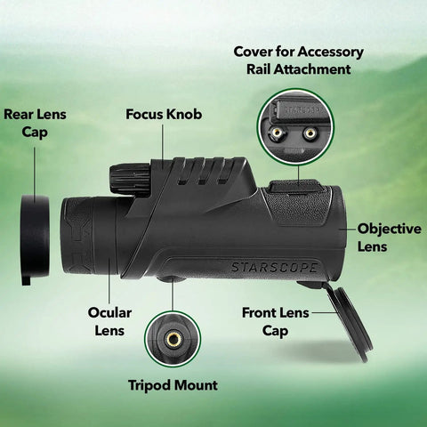 Long Range 10x42 High Powered Monocular For Bird Watching Hunting And Sports Great For Wildlife Viewing Lightweight Pocket Telescope With Bak4 Prism Easy Grip And Vibrant Clarity For Adults Bang For Buck side view with tripod mount and lens caps