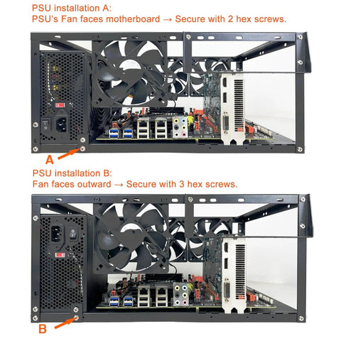Open Air Test Bench Computer Case For ATX And Micro ATX Motherboards, PSU installation options showing fan direction.