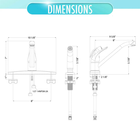Dimensions diagram of Premium Single Handle High Arc Kitchen Faucet With Swivel Side Spray, Polished Chrome Finish.
