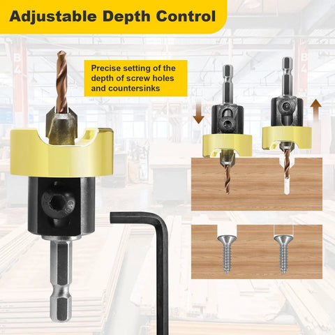 Pro Grade Built To Last Adjustable Depth Stop Countersink Drill Bit Set Carbide Tipped for Clean Countersinks demonstration