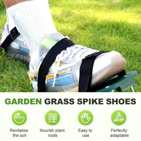 Lawn Aerator Shoes With 26 Spikes Self Cleaning Garden Spike Sandals With Adjustable Straps in use on grassy lawn