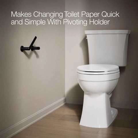 Kumin Matte Black Pivot Toilet Paper Holder No Fuss Tissue Change Built Tough With Premium Metal Construction wall-mounted next to toilet