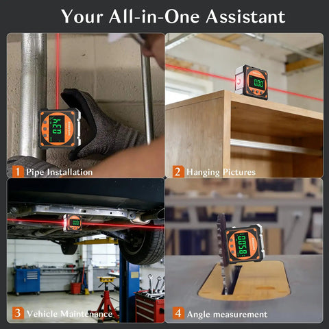 4-Side Magnetic Digital Angle Gauge With Laser Protractor Level on pipe, shelf, car, and saw blade for angle measurement