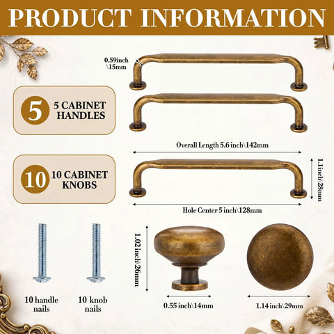 Product details with dimensions of Antique Brass Cabinet Hardware Set 15 Piece With 5 Inch Hole Center 5 Drawer Pulls And 10 Knobs