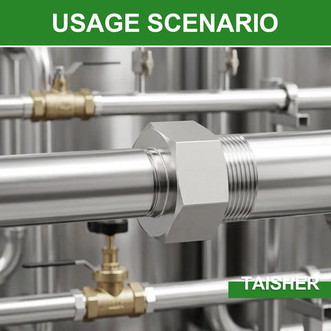 No Sweat 304 Stainless Steel Hex Reducer Adapter For Heavy Duty Plumbing connecting pipes in an industrial setting.