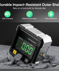 Dead Accurate Digital Angle Finder Measuring Tool With Heavy Duty Magnetic Back And Large LCD Numbers For Woodworking Metalworking And Masonry Diy Builds on a rugged surface.