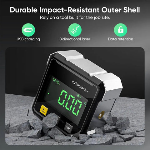 Dead Accurate Digital Angle Finder Measuring Tool With Heavy Duty Magnetic Back And Large LCD Numbers For Woodworking Metalworking And Masonry Diy Builds on a rugged surface.