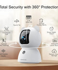 2.5K Indoor Security Camera 4 Pack With Free AI Person Pet Cry Detection shown on table, features highlighted.