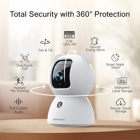 2.5K Indoor Security Camera 4 Pack With Free AI Person Pet Cry Detection shown on table, features highlighted.