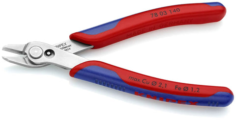 Electronics Precision Snips 5.5-Inch Diagonal Cutters with induction-hardened blades, red and blue grooved handle, side view.