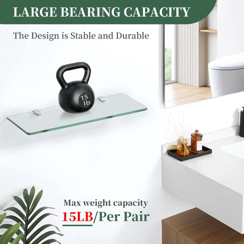 Premium Zinc Alloy Glass Shelf Brackets And Wall Mount Clamps An 8 Piece Heavy Duty Set Built Like A Tank To Securely Cradle Five To Eight Millimeter Glass Panels For Home Decor with a 15lb kettlebell on a glass shelf.