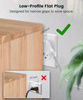 Low-profile 10 Ft 360 Degree Rotating Flat Plug Extension Cord with Three Outlets in wall socket, showing space-saving design.