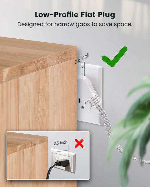 Low-profile 10 Ft 360 Degree Rotating Flat Plug Extension Cord with Three Outlets in wall socket, showing space-saving design.