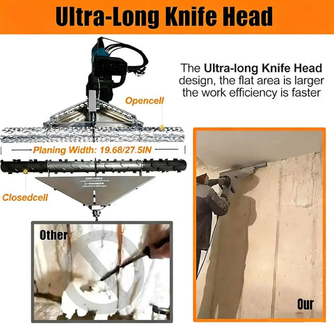 Heavy Duty 1800W Spray Foam Planer Handles Open And Closed Cell Polyurethane Insulation Cutting With A No Sweat Grind And A Knockout Trim Finish That Looks Razor Sharp For Any Contractor showing ultra-long knife head design.