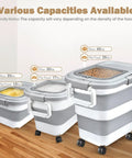 Collapsible Airtight Rice Storage Container With Cup And Scoop, shown in 10-40 lb capacity, filled with rice and pet food.