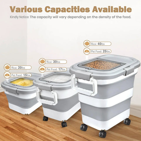 Collapsible Airtight Rice Storage Container With Cup And Scoop, shown in 10-40 lb capacity, filled with rice and pet food.