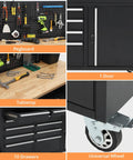 Collage of 61 Inch Rolling Tool Chest With 10 Drawers Garage Workbench Storage Cabinet features including pegboard, door, and casters.