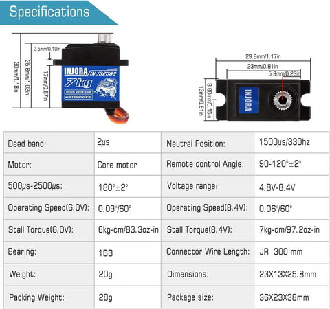 Diagram of 7Kg Waterproof 2065 Servo With Mount And Horn For 1/24 Axial SCX24 RC Crawler Upgrade showing specifications and dimensions.