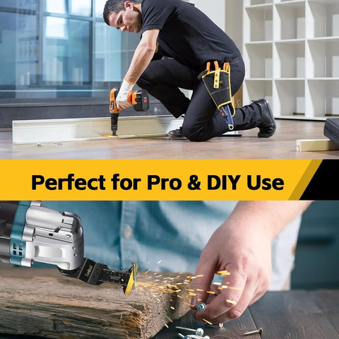 Heavy Duty Oscillating Tool Blade Kit 50 Piece Universal Multi Saw Blades For Metal Wood And Plastic M42 Steel Titanium Coated Cutting Set during use.