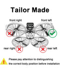 Diagram showing correct installation of foldable arm shell replacement for flip drone left front arm guard and propeller guard.