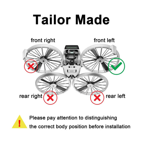 Diagram showing correct installation of foldable arm shell replacement for flip drone left front arm guard and propeller guard.