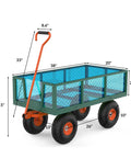 Gutsy 17 Cu Ft Steel Tow Behind Dump Cart For Atv And Utv, showcasing dimensions, rugged design, and sturdy wheels for hauling.
