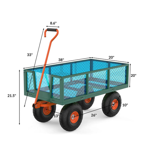 Gutsy 17 Cu Ft Steel Tow Behind Dump Cart For Atv And Utv, showcasing dimensions, rugged design, and sturdy wheels for hauling.
