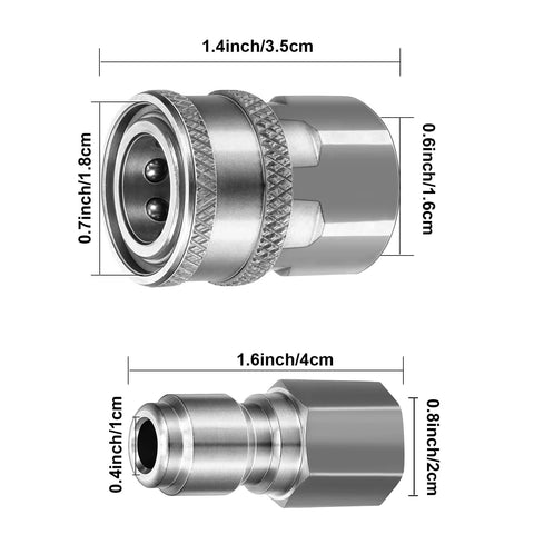 Stainless steel quick-connect adapters kit, 4 sets of 3/8 in NPT male/female fittings for pressure washers.