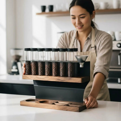 Woman holding a Two Tier Wooden Coffee Bean Storage Rack With Airtight Glass Jars Featuring Black Vent Lids countertop setup.