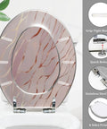 Elongated Rose Gold Marble Resin Toilet Seat for Bathroom with grip-tight bumpers and stainless steel hinge.