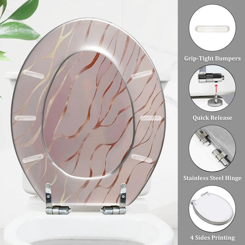 Elongated Rose Gold Marble Resin Toilet Seat for Bathroom with grip-tight bumpers and stainless steel hinge.