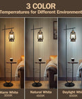 Vintage Floor Lamp With Built-In Table And Arc Lantern In Rustic Bronze Gold Finish in three color temperatures: warm, natural, daylight.