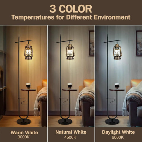 Vintage Floor Lamp With Built-In Table And Arc Lantern In Rustic Bronze Gold Finish in three color temperatures: warm, natural, daylight.