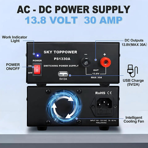 Front and rear view of 13.8V 30A DC Power Supply for Ham Radios and Bench Projects with USB output and cooling fan.