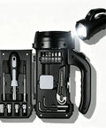 All-In-One 17-In-1 Toolkit With Flashlight, Screwdriver Set, Socket Wrench, And Utility Knife in open black case