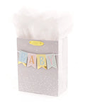 Medium Baby Gift Bag With Tissue Paper, Baby Banner With Foil Accents On Silver Dots, Pink Blue Grey Theme, Yellow Ribbon Handle