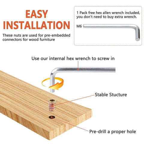 Easy installation of 40 Pcs M6 x 15mm Threaded Inserts For Wood Furniture Nut Connectors With Hex Socket Drive and Allen Wrench Included. Demonstration of pre-drilled hole and stable structure benefits.
