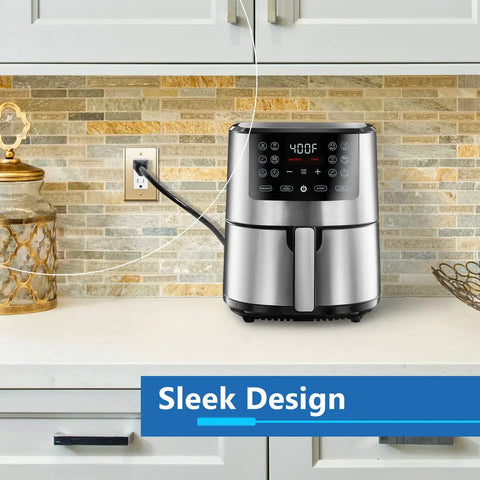 Stainless steel air fryer on kitchen counter with digital display, plugged into wall outlet under cabinetry, sleek design, UL listed.